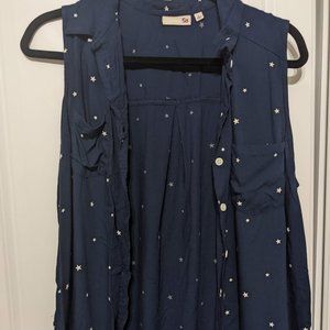 So Sleeveless Button Down Shirt Navy Blue with Stars Size Large